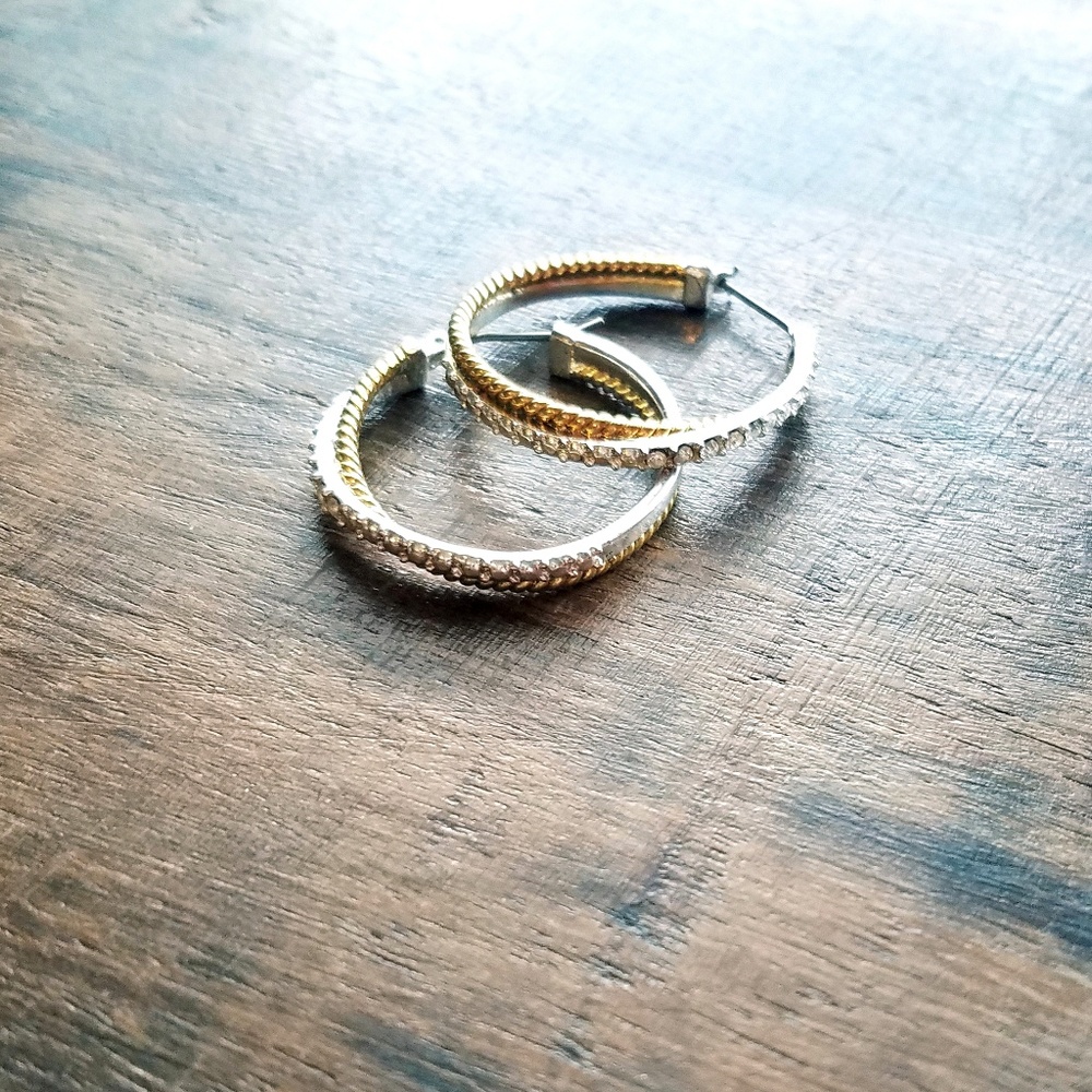 Vintage Avon Fashion CZ Hoop Earrings Two Tone Plated Silver
